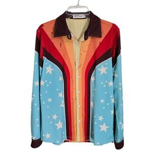 Ranch Dressn Western Style Long Sleeve Pearl Snap Shirt M Stars Stripes Retro